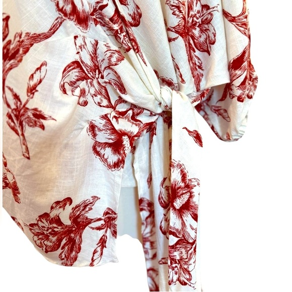 Zara Wrap Kimono Top Linen Blend Red White Toile Floral Print Puff Sleeve Large - Picture 7 of 12